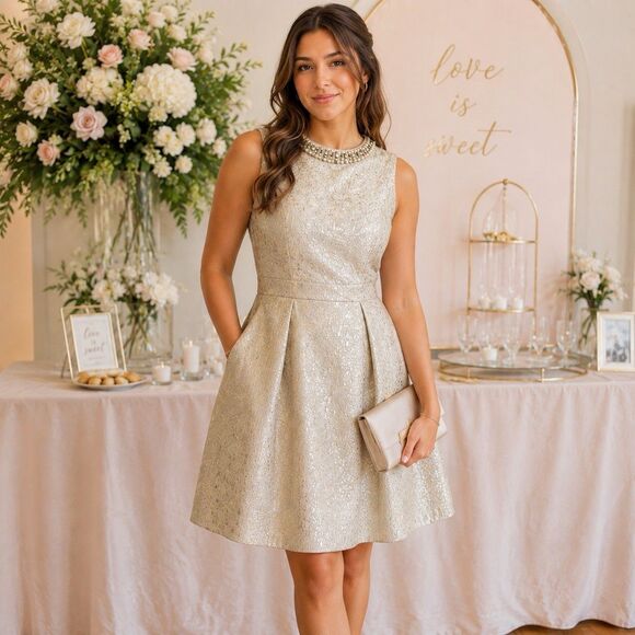Eliza J Dresses & Skirts - Eliza J Gold Metallic Jacquard Fit & Flare Cocktail Party Dress Beaded Sz 14